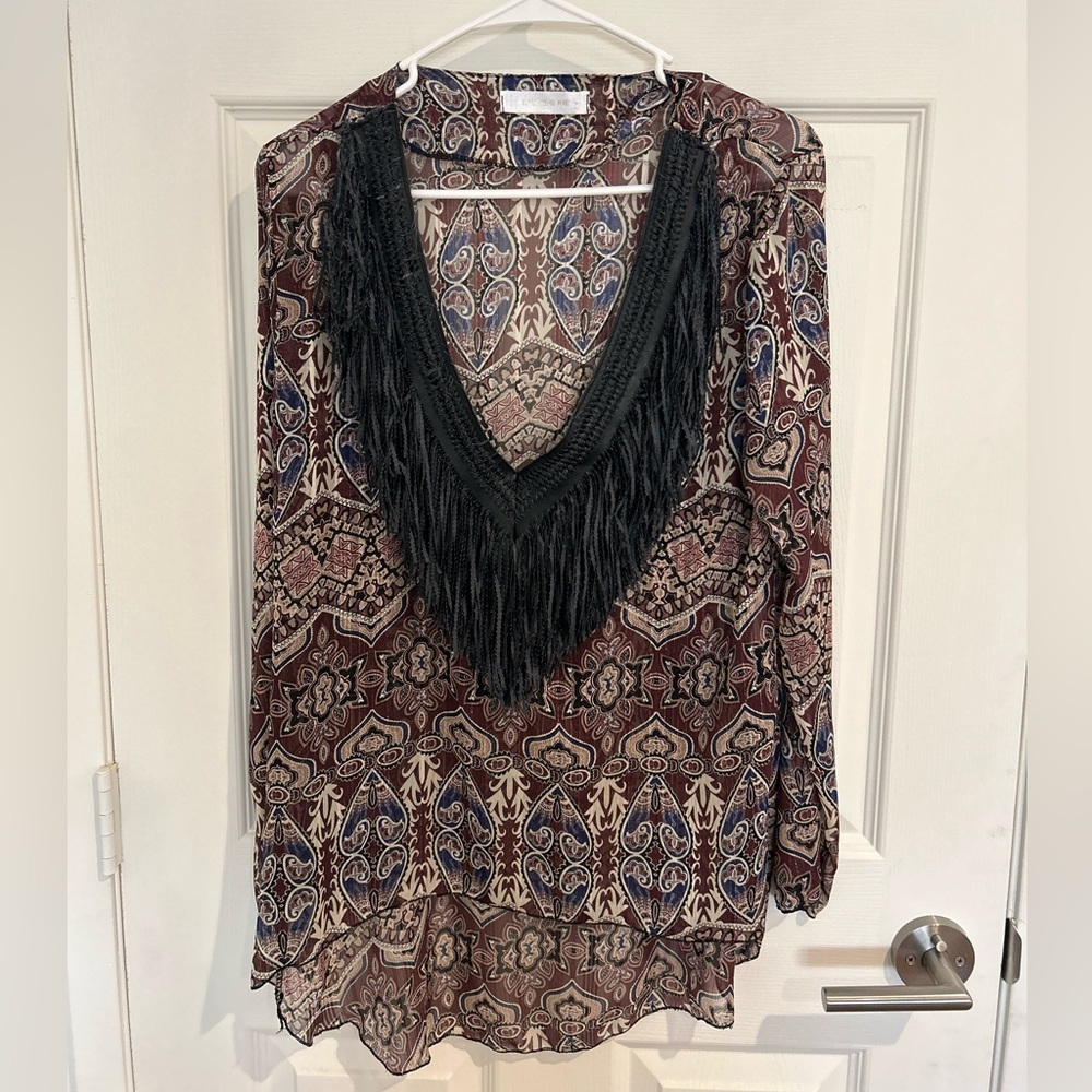 Laurie & Joe Blouse Tunic Top Shirt V Neck Fringe